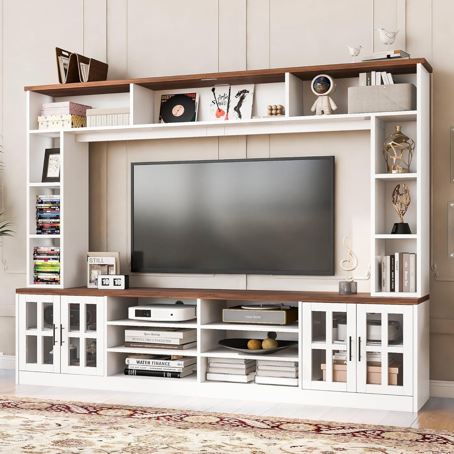 95.5" Entertainment Wall Unit Set with Bookshelves, Modern TV Stand for Televisions Up to 80", Large Media Console with Cabinets and Tempered Glass Doors for Living Room