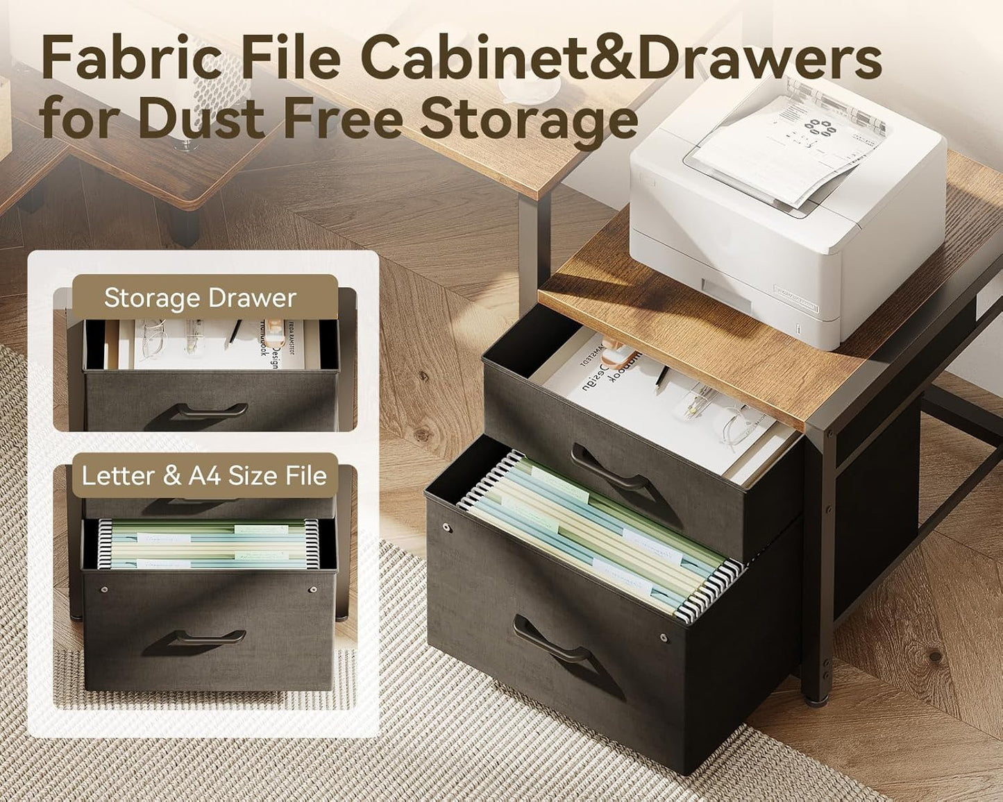 Casaottima L Shaped Desk with Drawers & File Cabinet, Reversible Computer Desk with Storage Shelves & CPU Stand, Corner Desk with Power Outlets, L Desk for Home Office, Rustic Brown