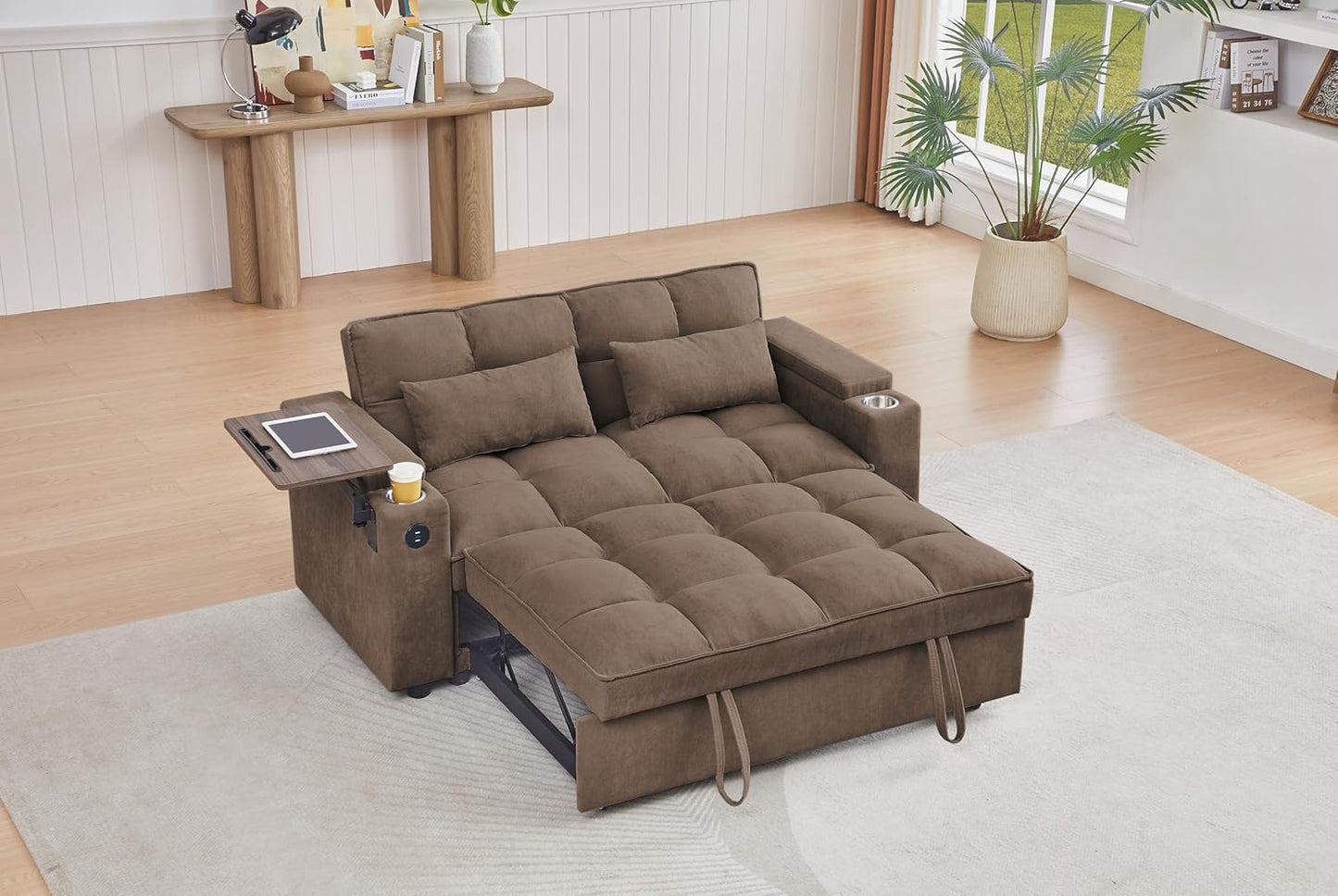 65-inch Multifunctional Loveseat Pull Out Sleeper Sofabed W/Cupholders, Oversized 3-in-1 Convertible Love Seat with Pull-Out Sleeper Couch Bed, Storage, USB Ports, Side Table for Living Room Bedroom