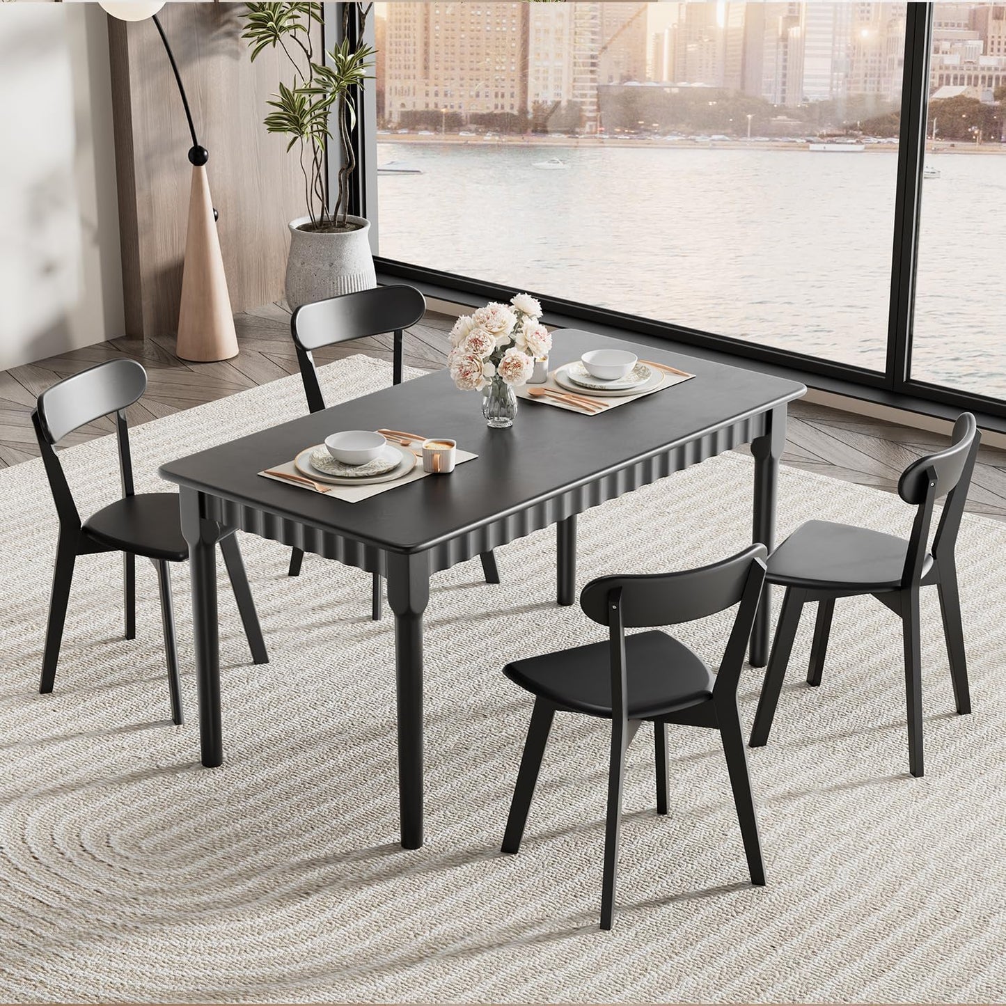 Solid Wood Dining Chairs Set of 4, Farmhouse Kitchen Chairs with Oak Backrest, Wooden Dining Room Chairs for Dining Room, Living Room, Non-Slip Foot Pads, Black