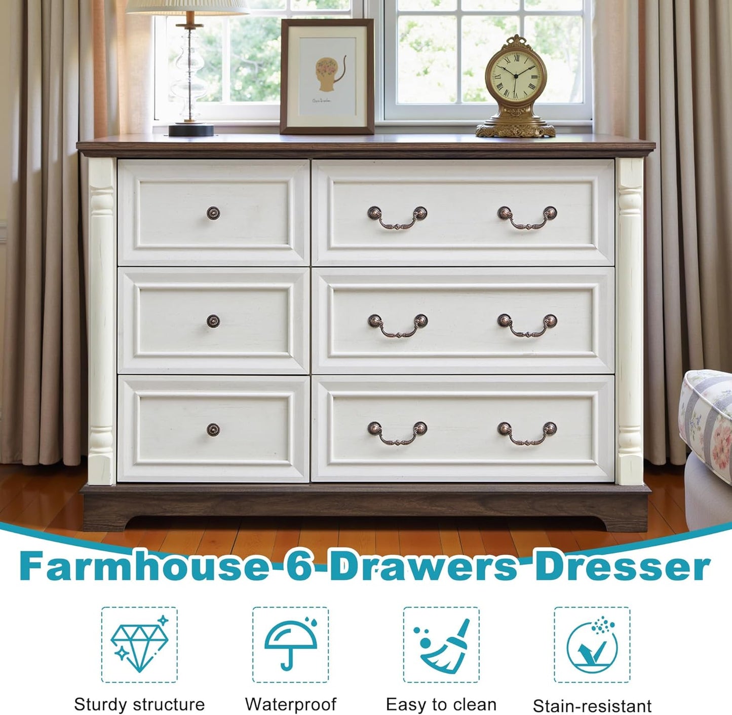 Farmhouse 6 Drawers Dresser for Bedroom, 47.24" Wide Wood Rustic Chest of Drawers with Roman Metal Handle, Tall Storage Dressers Organizer for Bedroom, Living Room, Hallway, Antique White