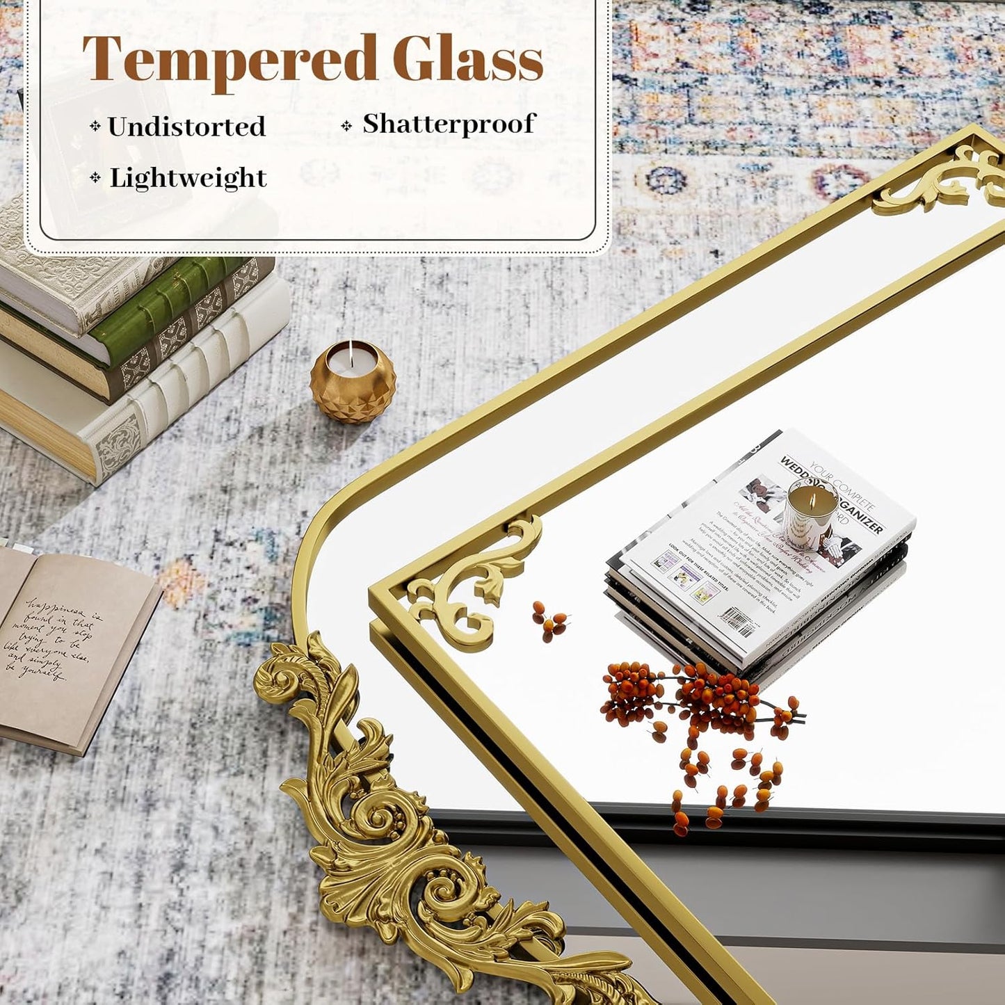 24x36 inch Vintage Arched Bathroom Mirror - Gorgeous Wall Vanity Mirror with Beautiful Retro Top and Bottom Engraving Process Frame for Entryway Hallway Living Room, Gold