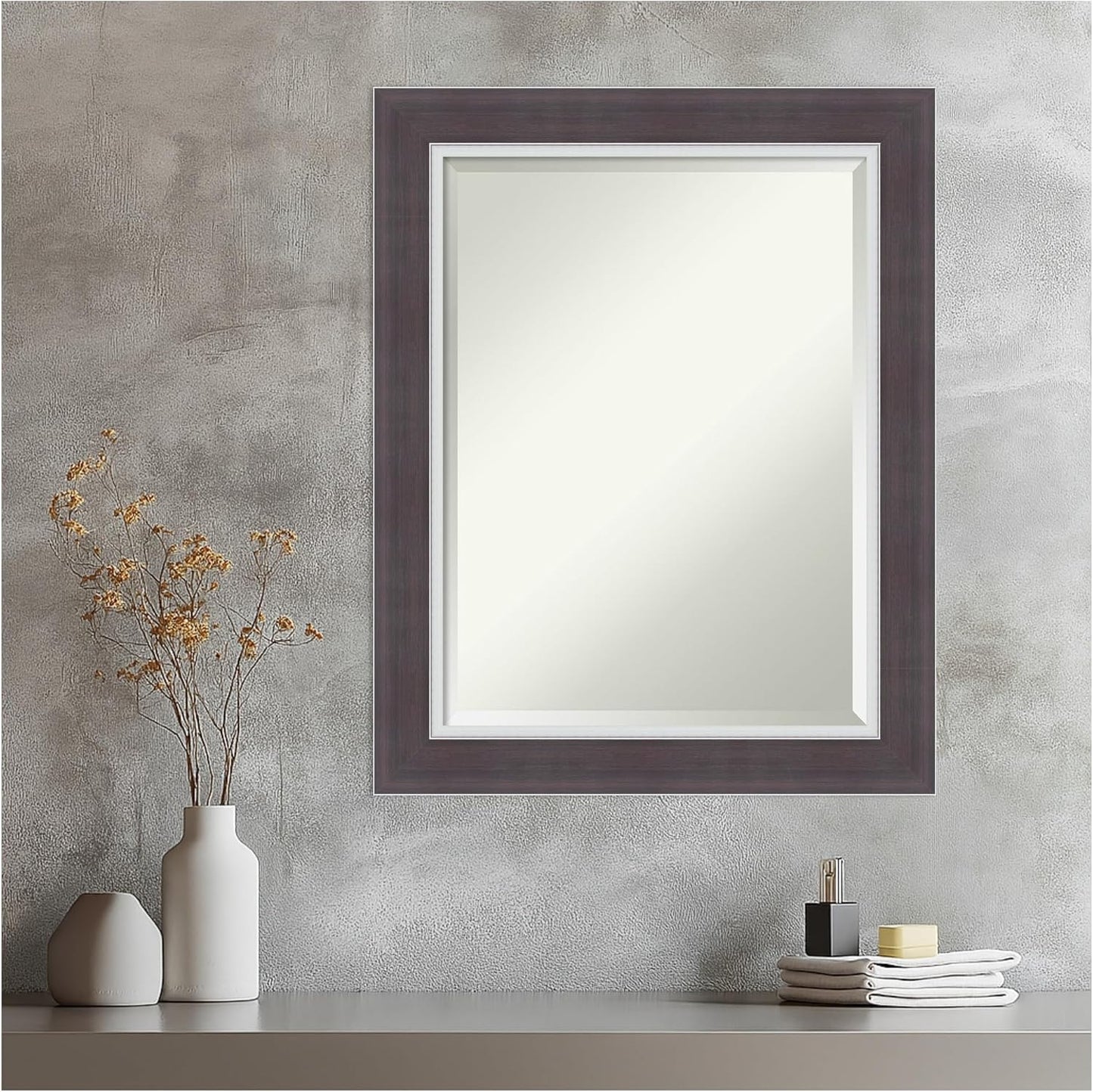 Amanti Art Brown Wall Mirror 30x24 Ellie Brown Silver Rectangle Bathroom Mirror for Wall Decor Living Room, Medium Modern Frame, Hangs Horizonally and Vertically, Bathroom Decor, Beveled Edge