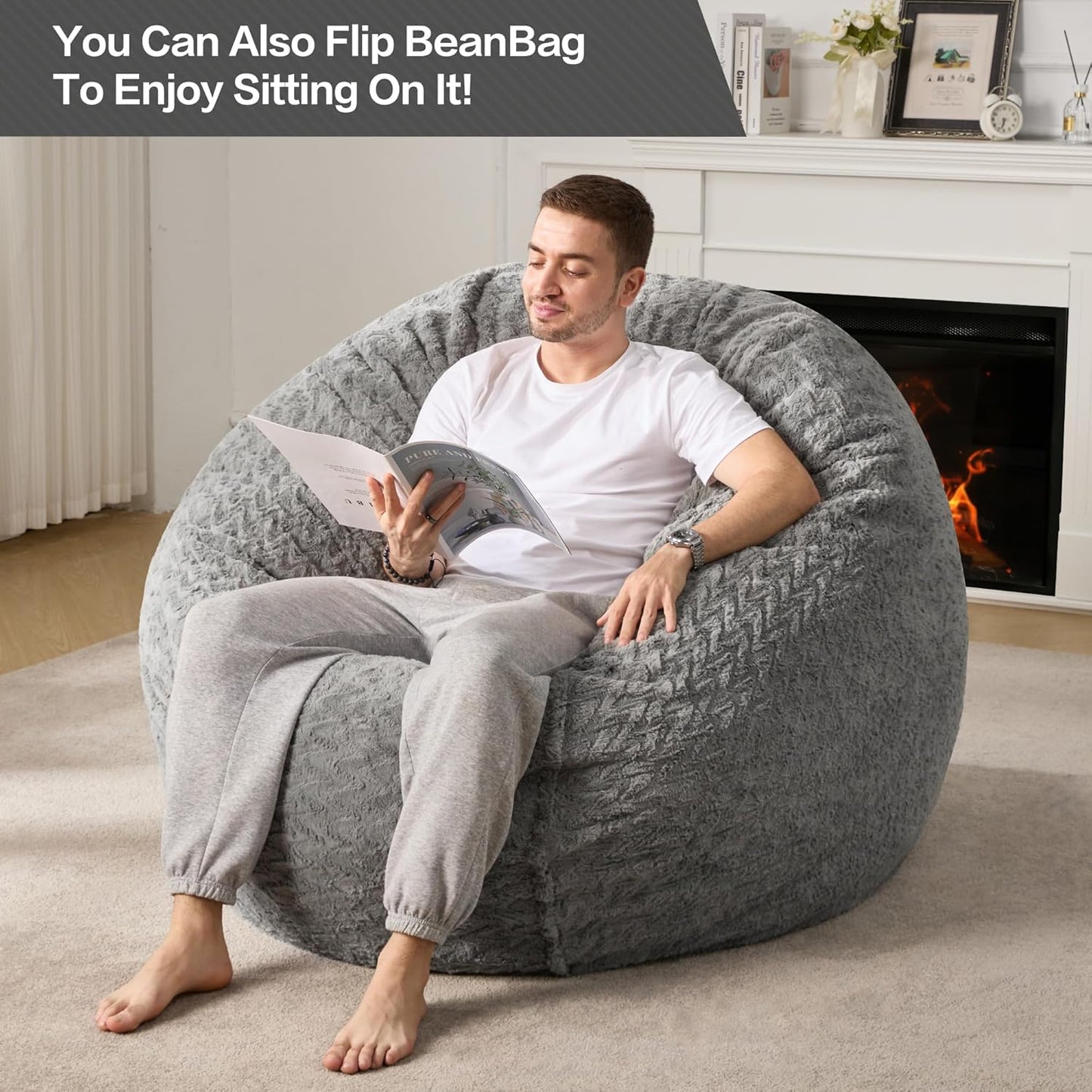 Hobestluk 5ft Bean Bag Chairs for Adults Large Beanbag Chair with Chevron Plush Fur Cover Big Bean Bag Chair for Living Room Bedroom Dorm Office - Grey (50” x 50” x 24”)