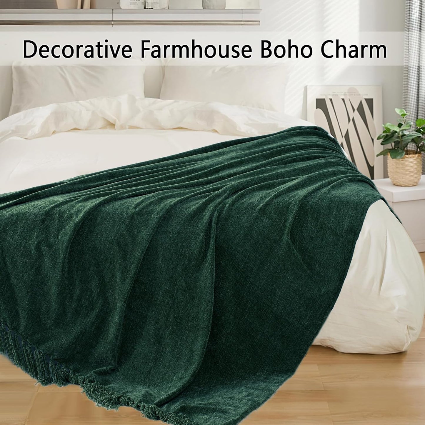 Chenille Throw Blanket for Couch 60"X 80" Twin, Soft Cozy Throws with Fringe Tassel for Bed Sofa Chair Cover, Lightweight Knitted Decorative Boho Blankets for Living Room, Dark Green