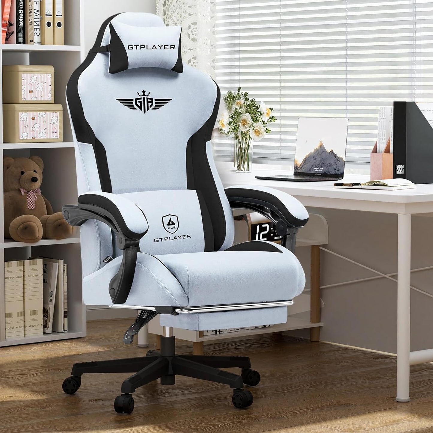 GTPLAYER Gaming Chair with Footrest, Big and Tall Game Chair High Back Computer Office Chair with Lumbar Support for Adults, Ergonomic Swivel Games Chair with Cushion Gaming Velvet Fabric Light Blue