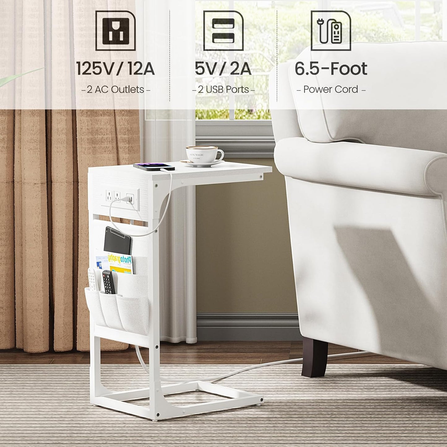 TUTOTAK C Shaped End Table with Charging Station, Side Table for Sofa, Couch Table with Storage Bag, TV Tray Table with 2 USB Ports and Outlets for Living Room, Bedroom, White TB01BW024