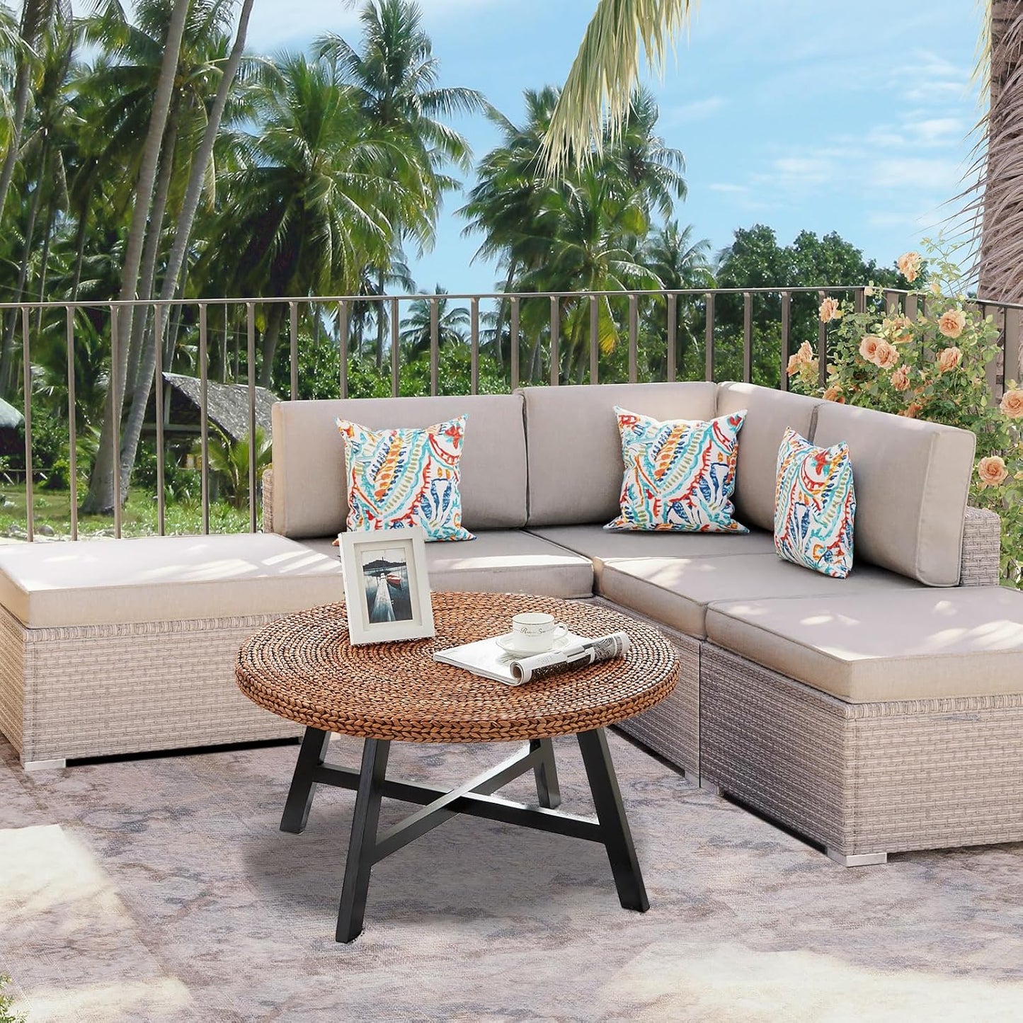 RANDEFURN Round Coffee Table, Seagrass Coffee Solid Pine Wood X Base Frame Cocktail Table, Easy Assembled, Multiple Sizes for Living Room, 32 x 17 Inches,Gold