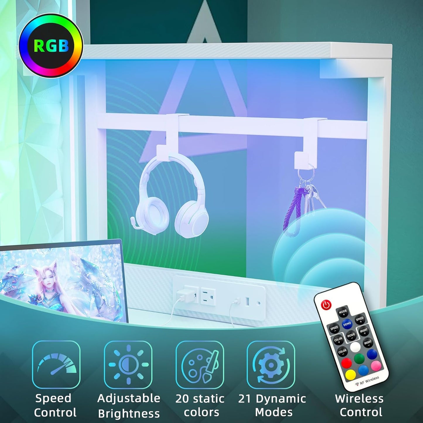 TIQLAB Gaming Desk 55 inch with Power Outlet and LED Light, Computer Desk with Reversible Shelves and Storage Drawer, Small PC Desk for Home Office Table with Bag, Carbon Fiber White