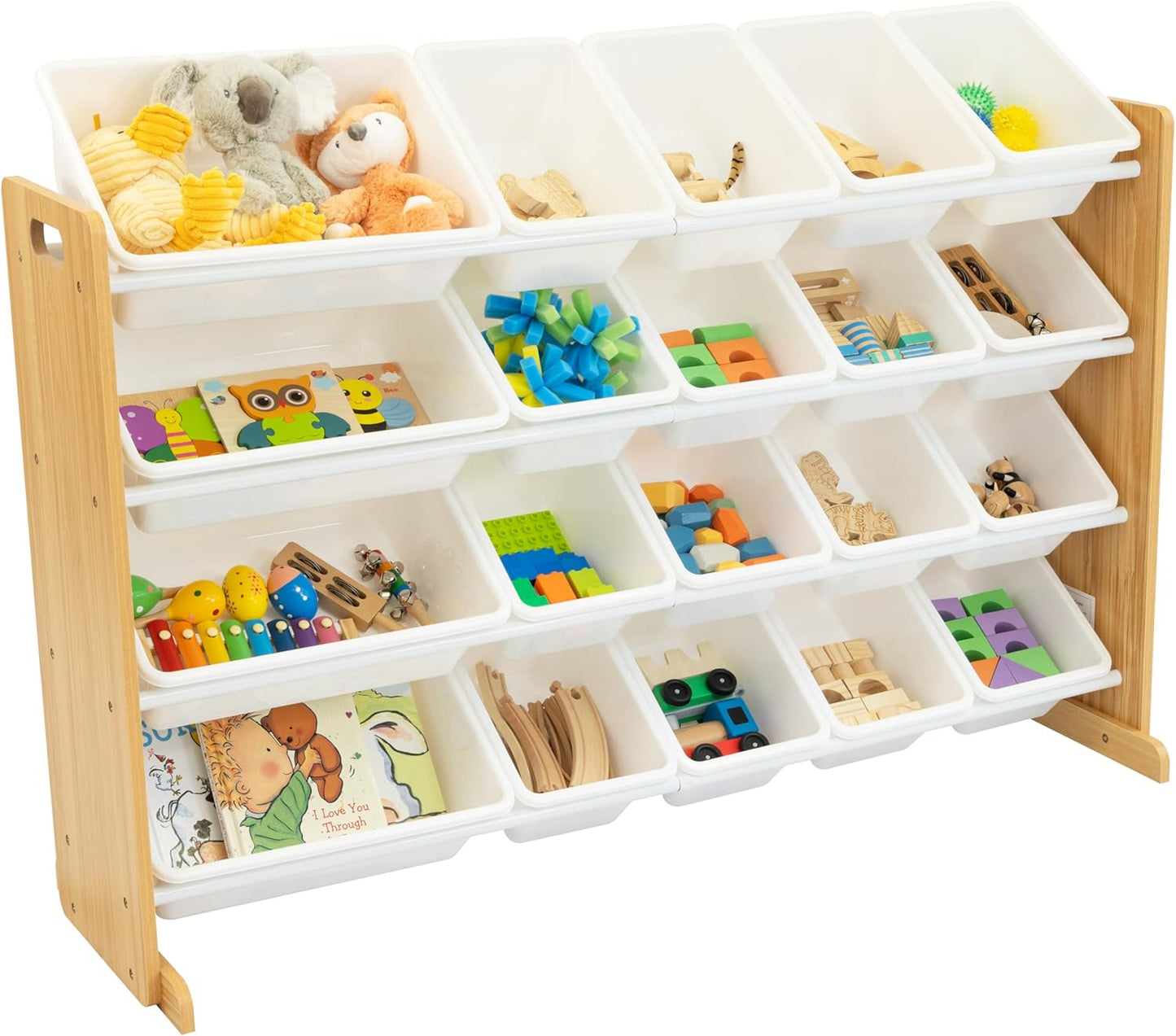 Humble Crew Extra-Large Toy Organizer with 20 Plastic Bins – Natural/White Storage Rack with 4-Tier Shelves, Anti-Tip Safety, for Kids’ Rooms, Playrooms, Nurseries & Classrooms
