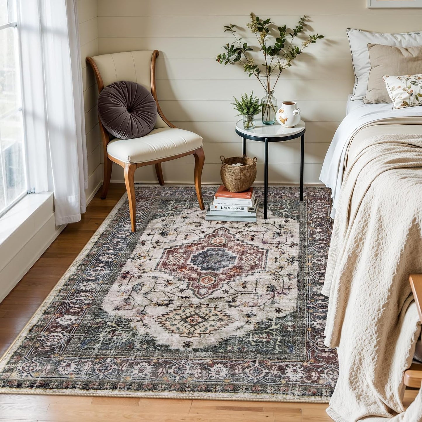 Lahome Oriental Washable Rug, 3x5 Rugs for Bedroom Living Room Entryway, Vintage Ultra-Thin Non-Slip Soft Throw Carpet for Kitchen Office Entrance, Brown/Grey