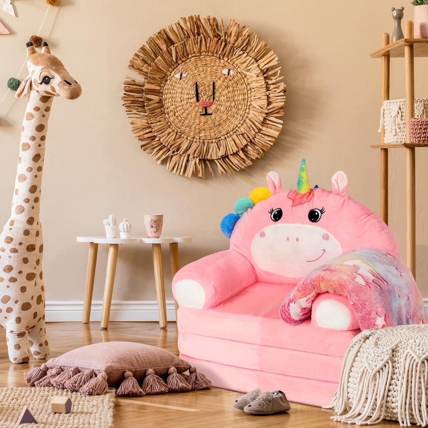 Unicorn Kids Couch Fold Out 2-in-1 Toddler Sofa Fold Out with Blanket, Soft Toddler Chair Comfy for Boys Girls Baby, Convertible Sofa to Lounger for Napping Reading Playing Christmas, Pink