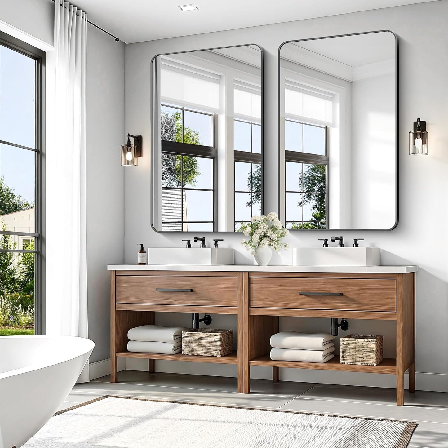 KOCUUY Black Bathroom Vanity Mirror, 30 x 48 inch Metal Frame Mirror with Rounded Corner, Rectangle Design of Upgraded Shatterproof Glass for Bathroom, Bedroom, Living Room, Entryway