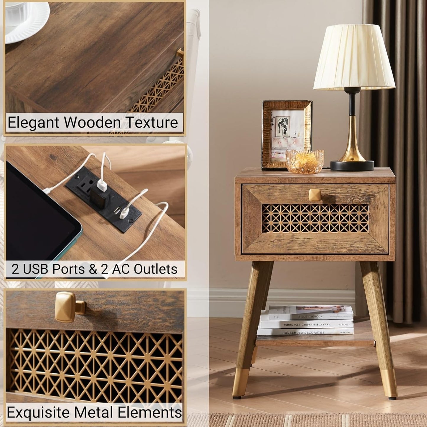 Boho Style Living Room Side Table, Wood End Table with Drawer and Shelf, Small Nightstand for Bedroom, Rustic Oak