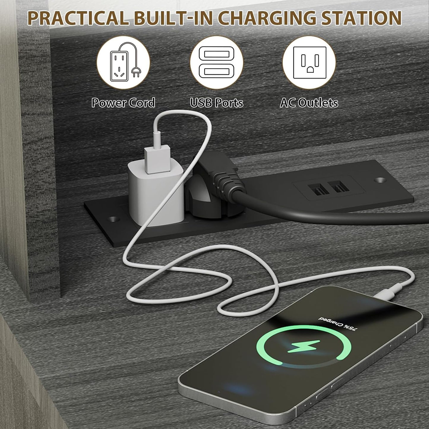 47" Farmhouse Buffet Sideboard Cabinet with Power Outlets Coffee Bar Cabinet with Storage, Large Buffet Storage Cabinet Table with Wine Racks, Goblet Holder, Hooks for Kitchen, Dining Room, Grey