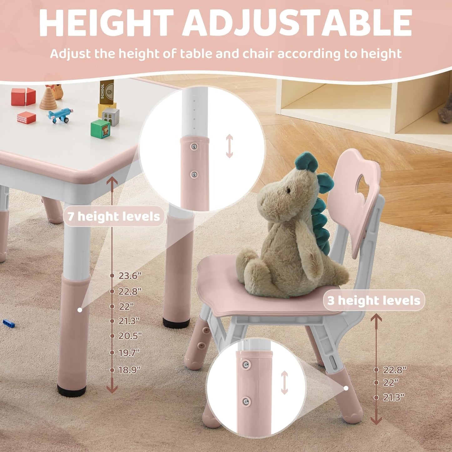 Adjustable Kids Table & Chairs Set for Ages 3-8 | 31.5"x23.6" Easy-Clean Activity Table | Meets ASTM/CPSC Standards for Daycare, Homeschool & Playroom (Pink, 2 Chairs)
