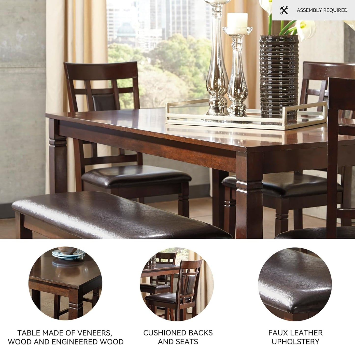 Signature Design by Ashley Bennox Dining Room Set, Includes Table, 4 18" Chairs & Bench, Brown
