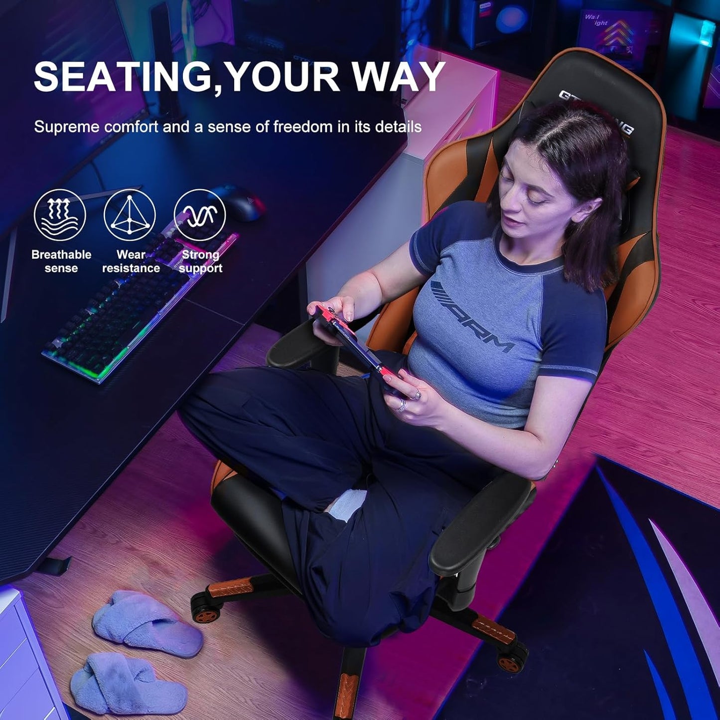 GTRACING Gaming Chair with Footrest, Ergonomic Computer Game Desk Chair, Reclining Gaming Chair Seat Height Adjustment, Swivel Rocker with Headrest and Lumbar (Brown)