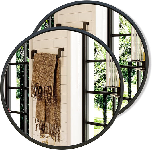 Growsun 24'' Black Round Mirror, Circle Wall Mirror for Bathroom Vanity, Entryway Living Room with Metal Frame for Home Decor, 2 Pack