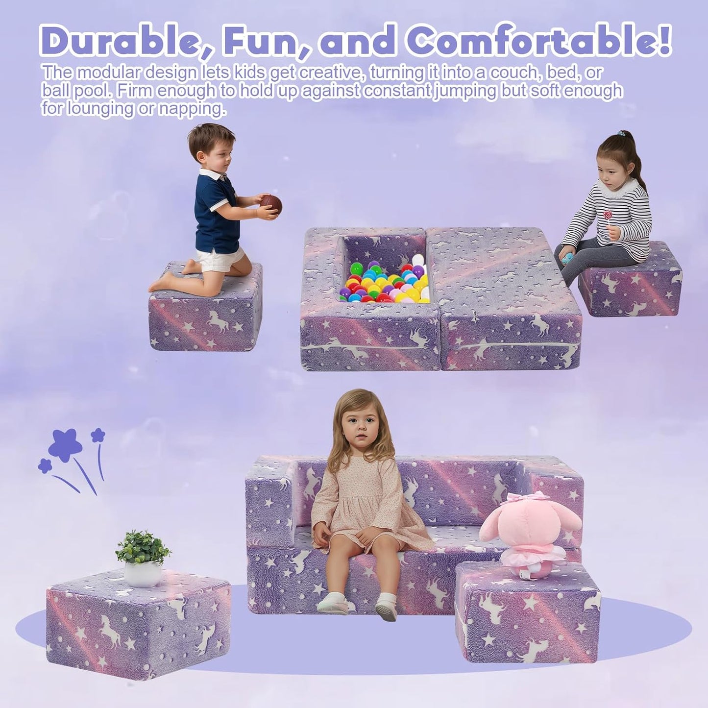MeMoreCool Unicorn Modular Kids Couch, Glow Rainbow Play Toddler Couch for Bedroom, Convertible Foam Kids Sofa Bed, Fold Out Baby Sofa for Girl Boy, Purple