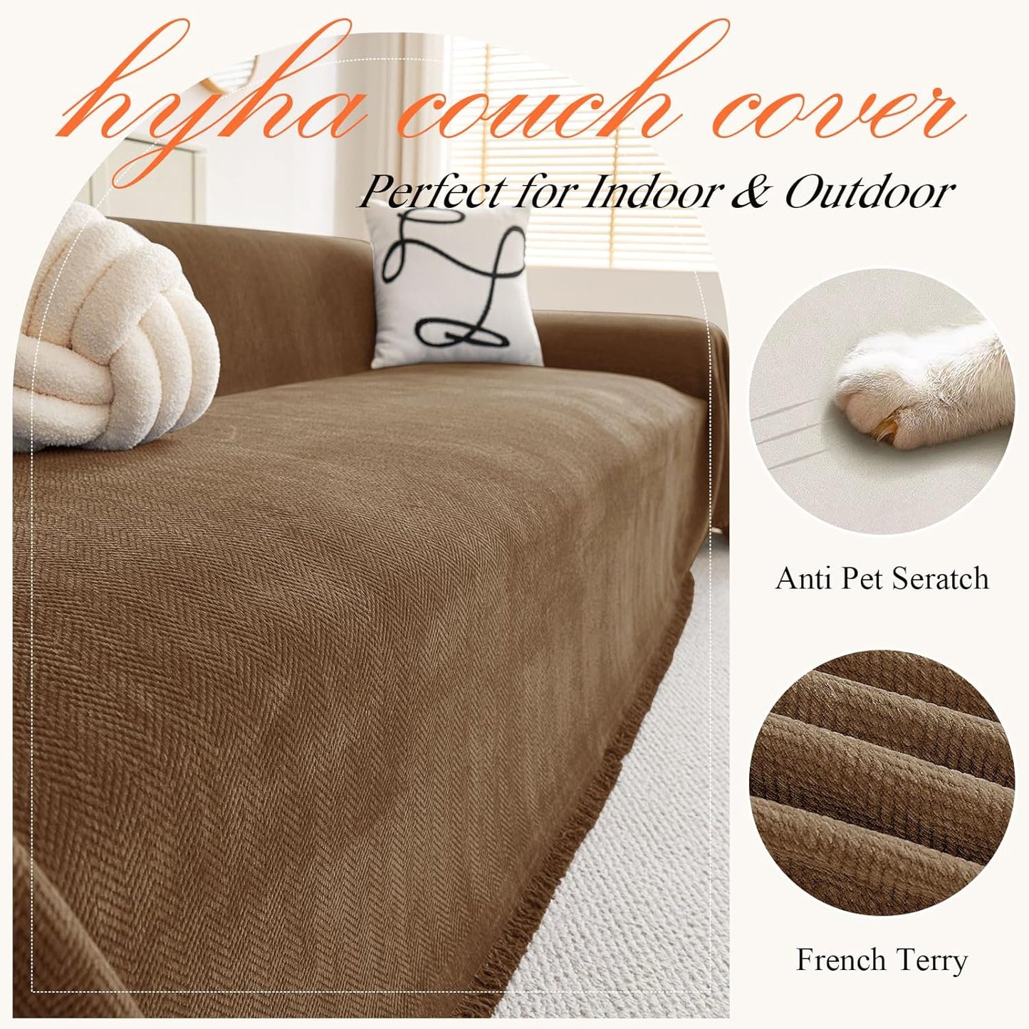 hyha Couch Cover for Dogs, Boho Sofa Covers for 3 Cushion Couch Washable, Chenille Sofa Slipcover for Pets, Soft Loveseat Sectional Couch Throw Blankets with Tassels (Chocolate, 88.5x134 Inch)