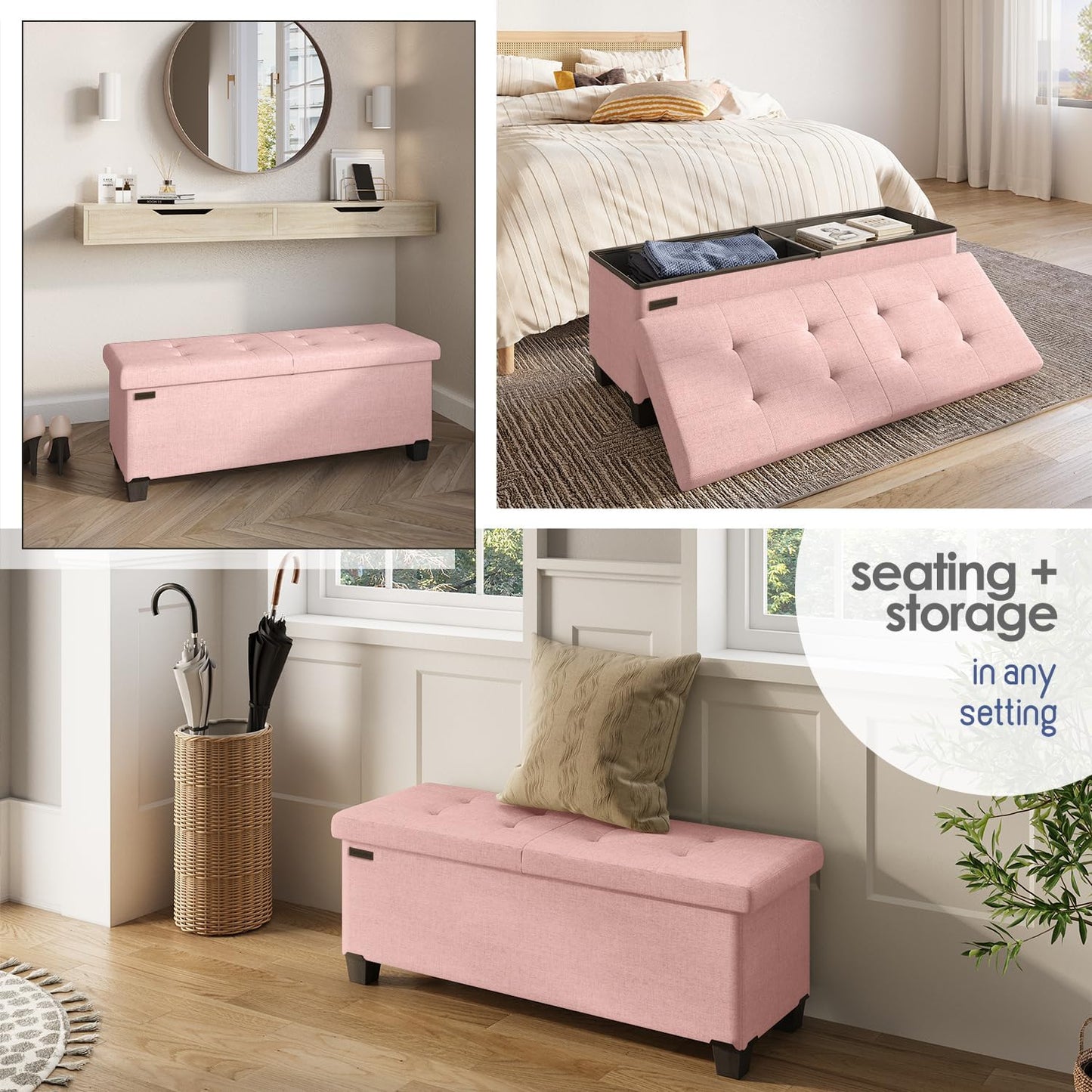 STORAGEBUD Storage Ottoman Bench with Bins, 43-in Storage Bench for Bedroom End of Bed, Folding Foot Rest Ottoman for Living Room Max 660lbs, Fabric Ottomans, Pink