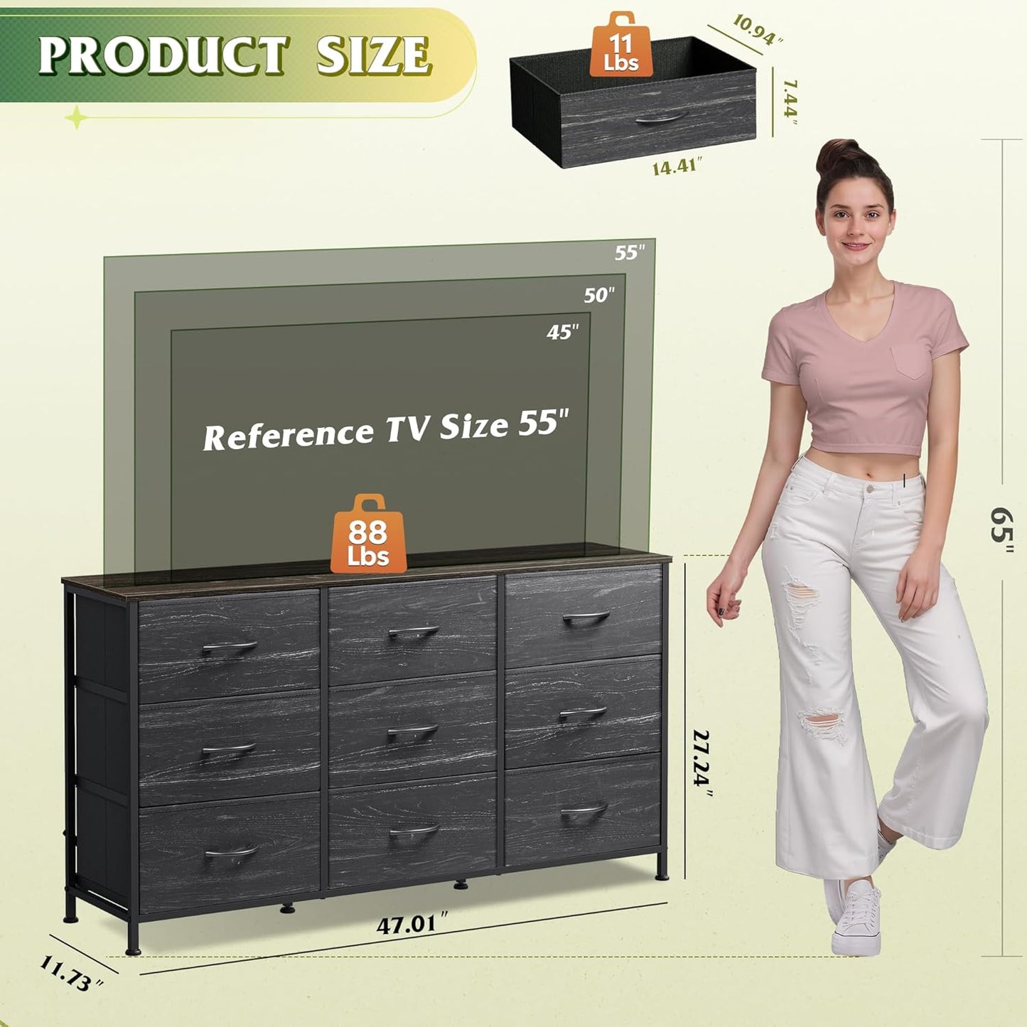 WLIVE 47''W Dresser for Bedroom, Black Dresser TV Stand for 45, 50, 55 inch TV, Wide Chest of Drawers with 9 Drawer, Large Entertainment Center, Fabric Dressers with Wood Top for Closet, Living Room