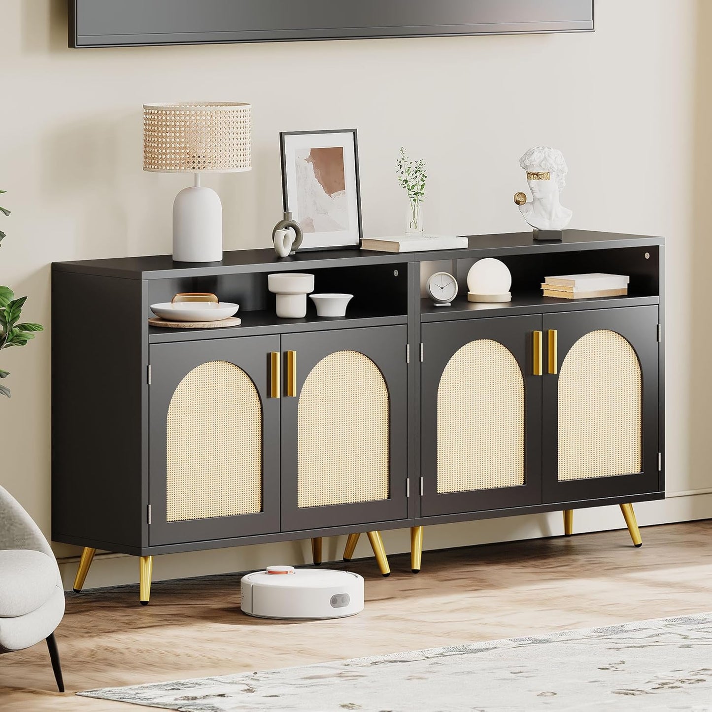 DWVO Buffet Cabinet with Storage, Black Sideboard Cabinet w/Rattan Decorated Doors, Modern Coffee Bar Cabinets w/Adjustable Shelves for Kitchen & Living Room, Set of 2