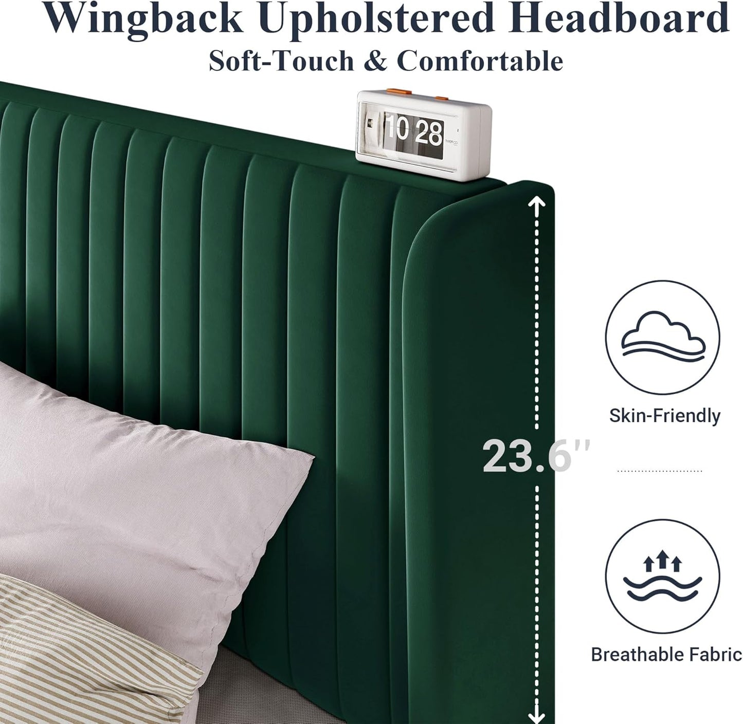 Allewie Full Size Bed Frame/Velvet Upholstered Platform Bed/Vertical Channel Tufted Wingback Headboard/Strong Wooden Slats/No Box Spring Needed/Easy Assembly/Green