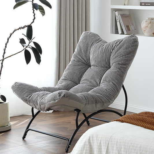Welnow Accent Lounge Lazy Chair, Comfy Soft Leisure Metal Frame Reading Chair, Upholstered Thick Cushion Seated Recliner Sofa for Living Room, Bedroom, Dorm, Light Grey