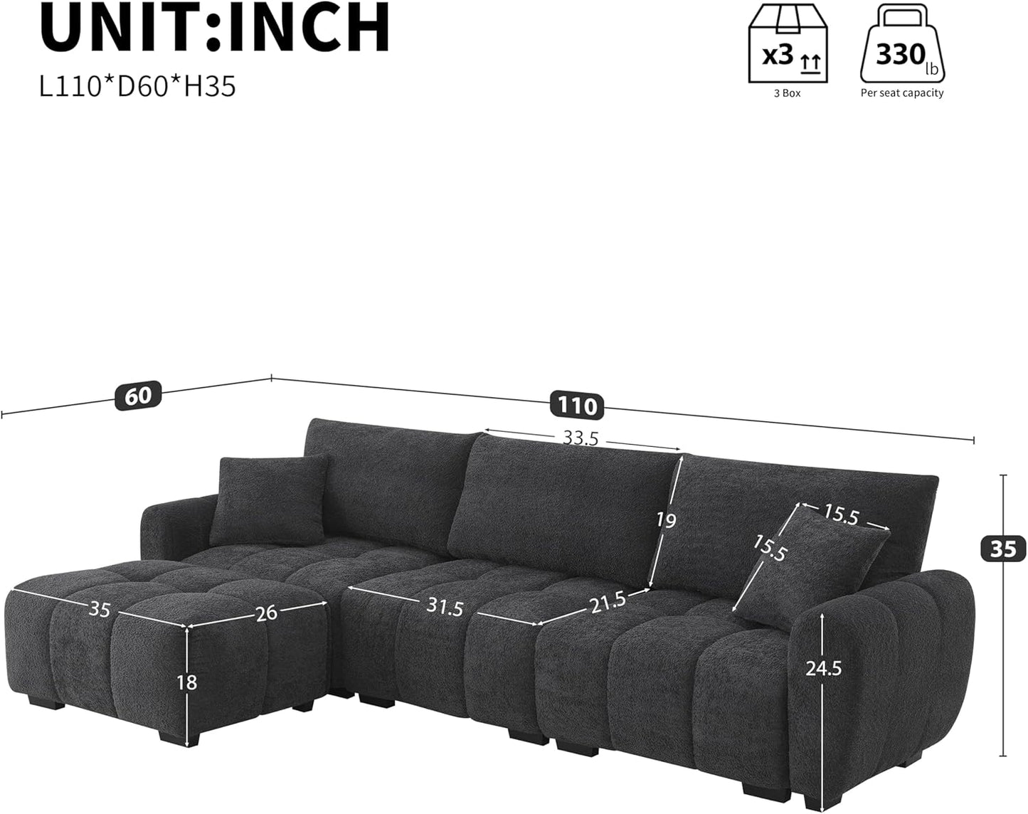 Ball & Cast Modular Sectional Sofa W/Movable Ottoman and 2 Lumbar Pillows,4 Seater L Shaped Couch W/Deep Seat,DIY Combination,Boucle Fabric Upholstered Sofa for Living Room,Apartment,Black+ Gray,110"