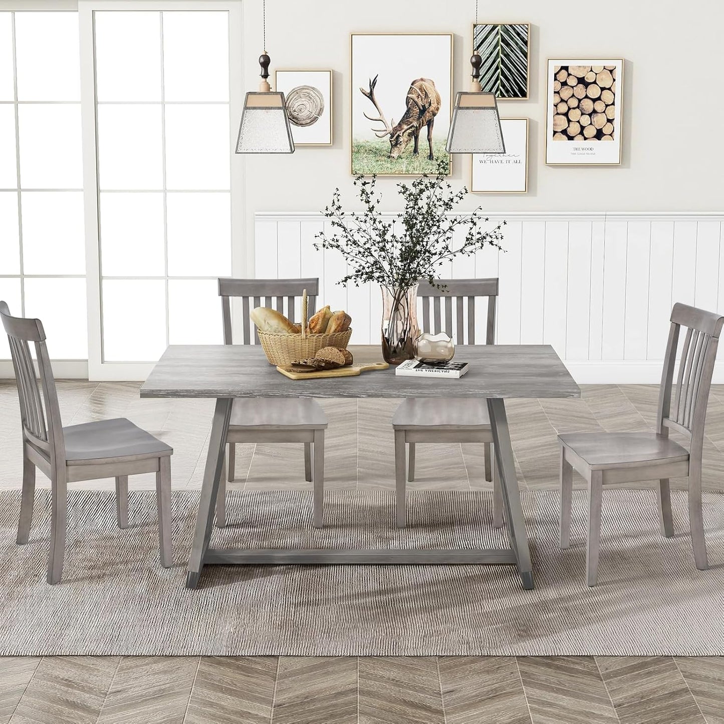 COLAMY Wooden Dining Room Chairs Set of 4, Spindle High Back Windsor Kitchen Side Chair, Farmhouse Dining Chairs for Kitchen, Dining Room, Light Grey