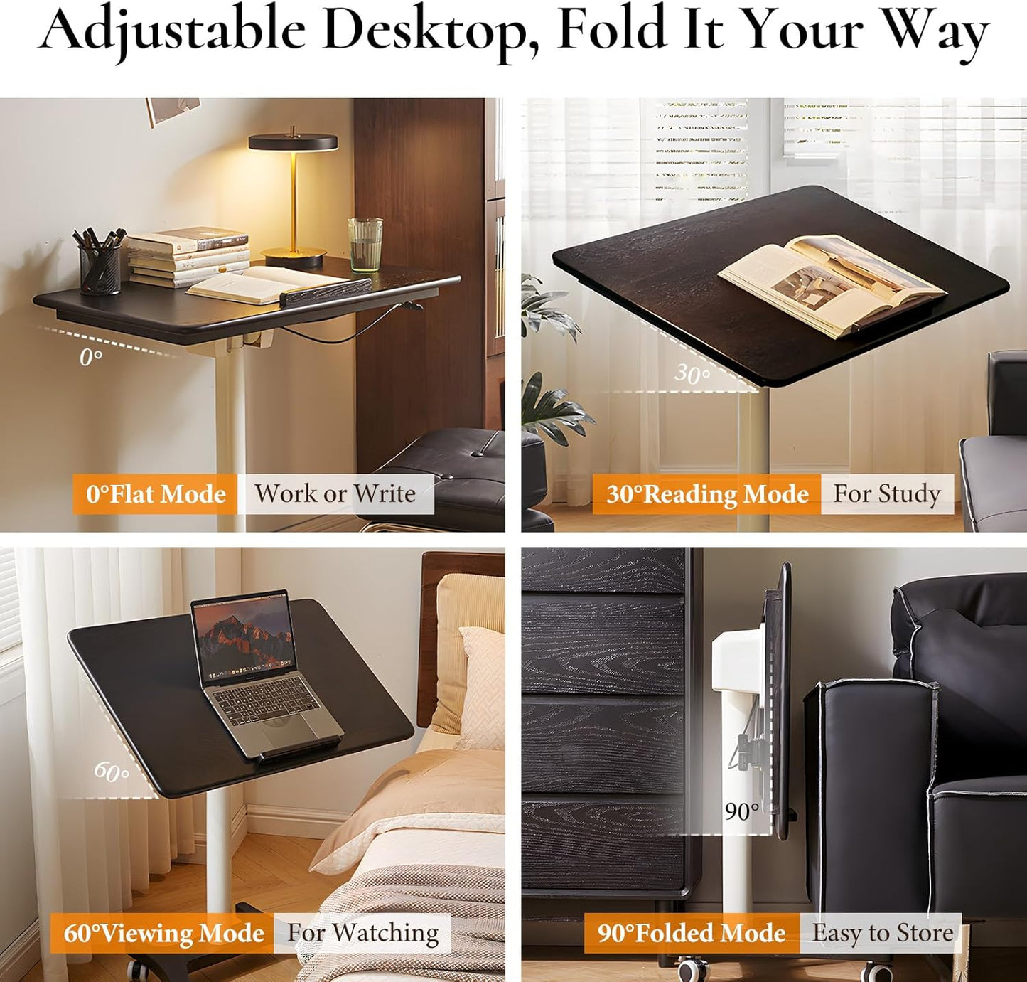 Adjustable Computer Desk, Solid Wood Folding Desk with Wheels, Mobile Home Office Laptop Table, Sit Stand Workstation, Rolling Desk, 28.35-42.52 H x 31.5 W x 19.69 D Inches, Black