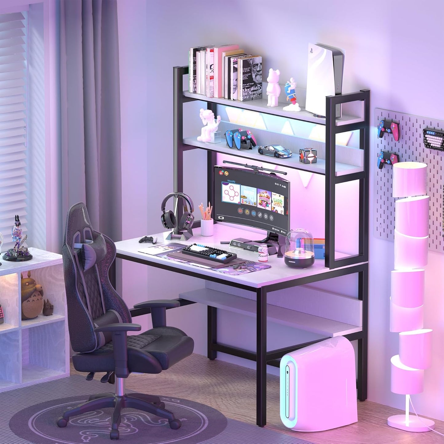 Aquzee Computer Desk with Shelves, 47" W x 23.6" D Gaming Desk with Hutch and Bookshelf, White Study Table for Bedroom Space Saving with 3 Tier Storage Shelf, Home Office Desk for Writing Work