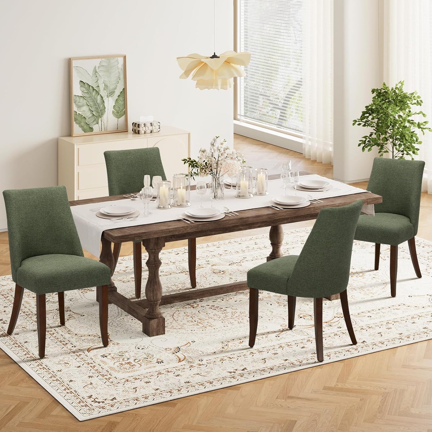 COLAMY Upholstered Dining Chairs Set of 4, Mid Century Modern Kitchen Chairs with Back, Farmhouse Fabric Side Dining Room Chairs with Wood Legs for Dining Room Restaurant, Green