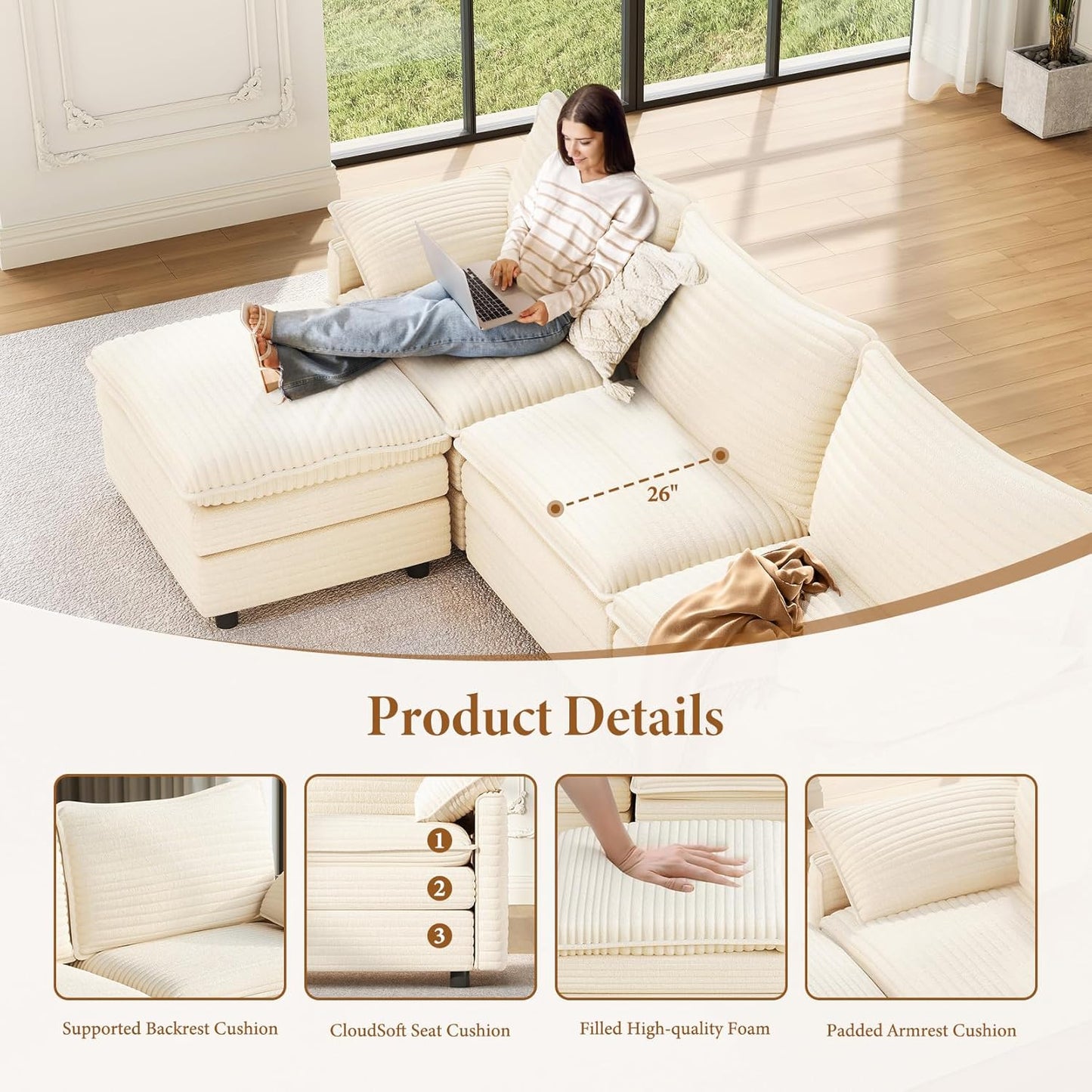 Vesgantti Large Modular Sectional Sofa, Big Comfy Cloud Couch with Ottoman Deep Seat Corduroy Cloud Sofa, 9 Seater Large Sectional Couches for Living Room, Bedroom and Apartment, Beige