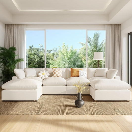 134.4 Inch U-Shaped Oversized Upholstered Sectional Sofa with Removable Ottomans, Large 6 Seater Modular Combination Corner Couch for Living Room, Office, Spacious Space, Beige