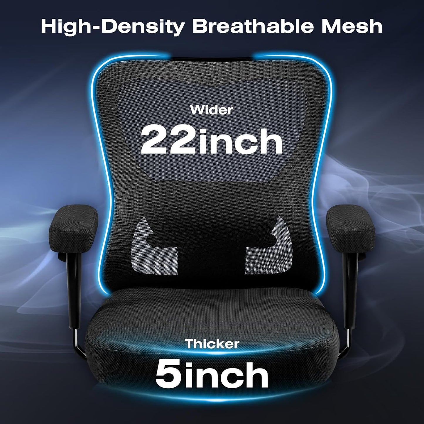 Big and Wide Office Chair 500lbs，Ergonomic Desk Chair with 4 Way Adjustable Lumbar Support, Thicker Seat Cushion, 2D Armrest, Rocking Function, Stable Comfy Computer Mesh Chairs, Black