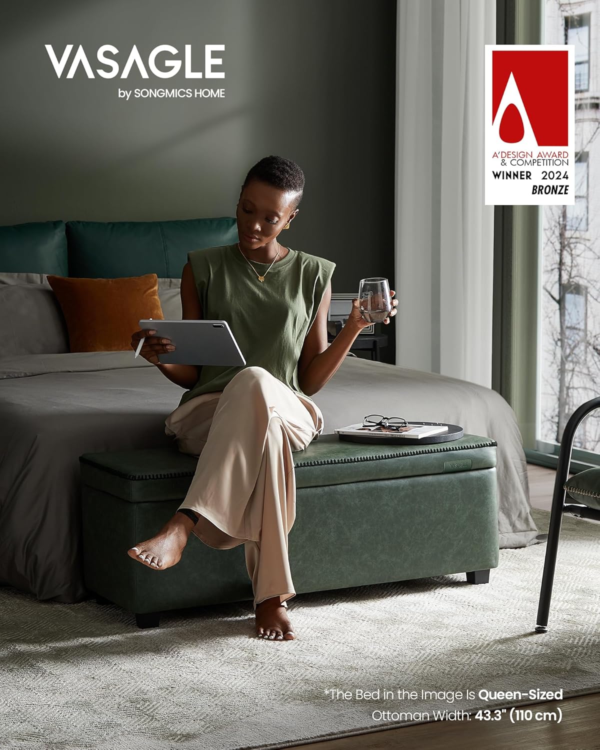 VASAGLE EKHO Collection - Storage Ottoman Bench, Entryway Bedroom Bench, 25 Gallons, Synthetic Leather with Stitching, Mid-Century Modern, Safety Hinges, Loads 660 lb, Forest Green ULOM075C01