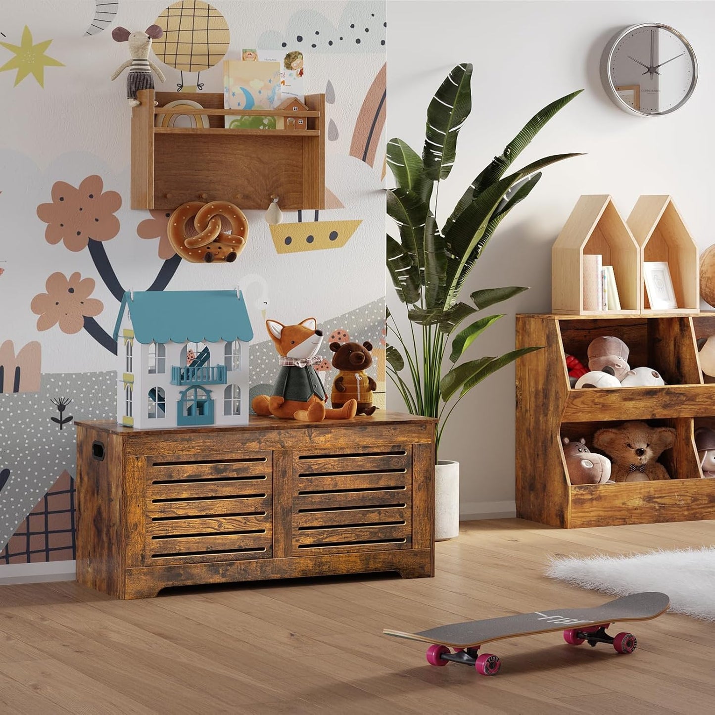 DINZI LVJ Storage Chest, 43.3” Wooden Toy Box with 2 Safety Hinges, Retro Entryway Shoe Storage Bench with Flip-Top, Sturdy Large Storage Trunk for Living Room, Bedroom, Easy Assembly, Rustic Brown