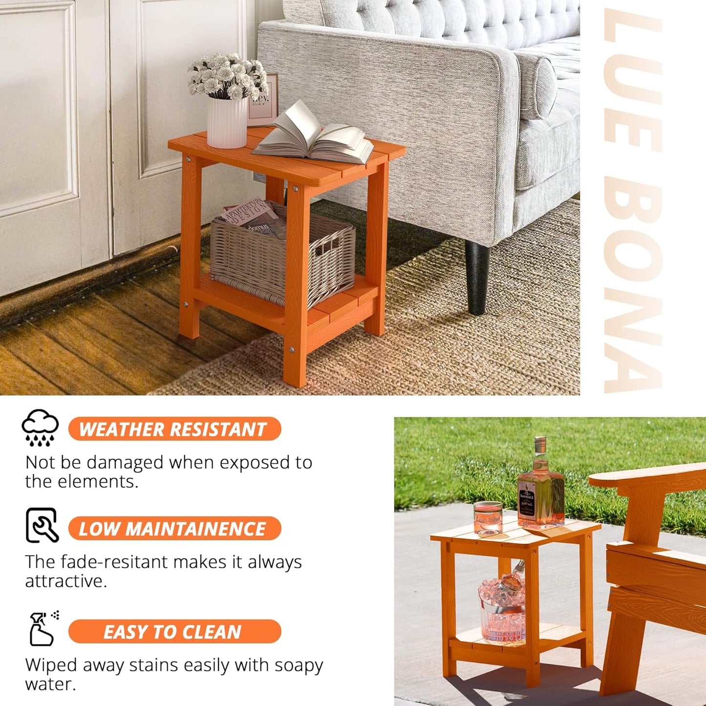 LUE BONA Adirondack Outdoor Side Table, 2-Tier Orange HDPS Patio End Table Weather Resistant, Morden Side Table for Patio, Pool, Porch