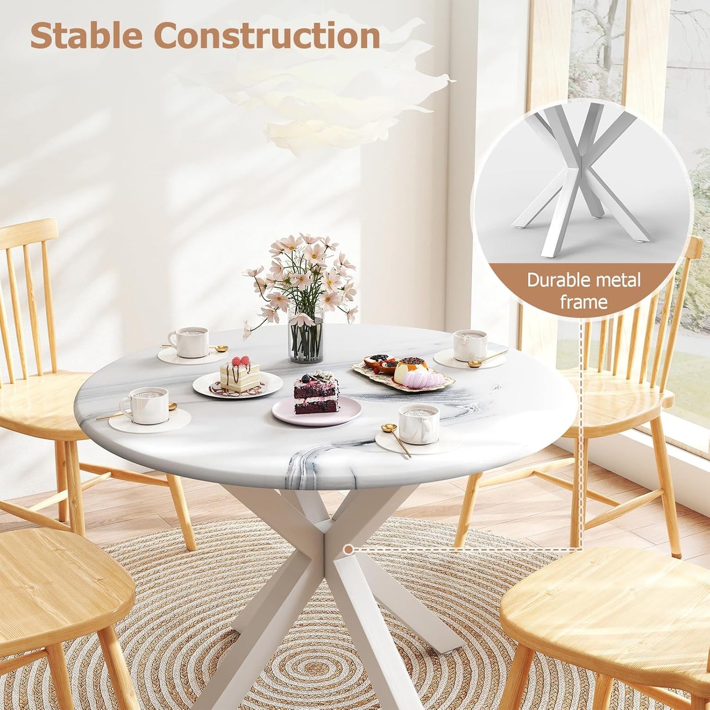 Round Dining Table, 42" Kitchen Dining Table for 4-6, Small Round Table with Metal Cross Legs, Modern Round Dining Room Table for Kitchen, Apartment, Living Room, White Marble