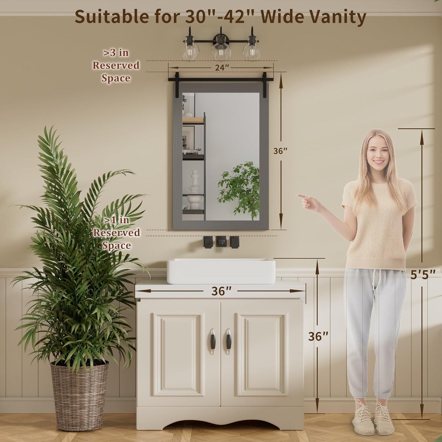 Farmhouse Wall Mirror, Rustic Wood Frame Bathroom Mirror Barn Door Inspired Decorative Vanity Dress Mirrors for Living Room Entryway, 24x36 INCH Gray Vertical