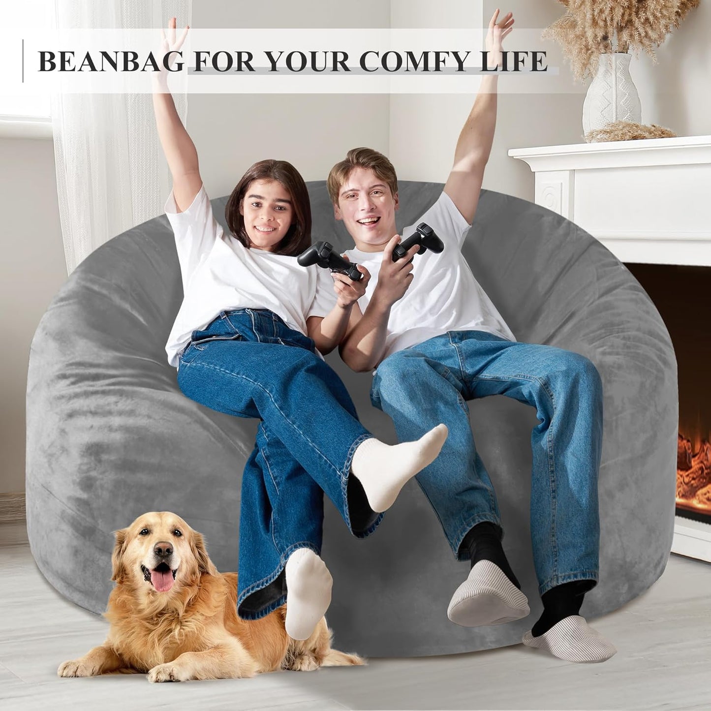 Homguava 5 FT Bean Bag Chair: 5' Bean Bags with Memory Foam Filled, Large Beanbag Chairs Soft Sofa with Dutch Velvet Cover-Light Grey