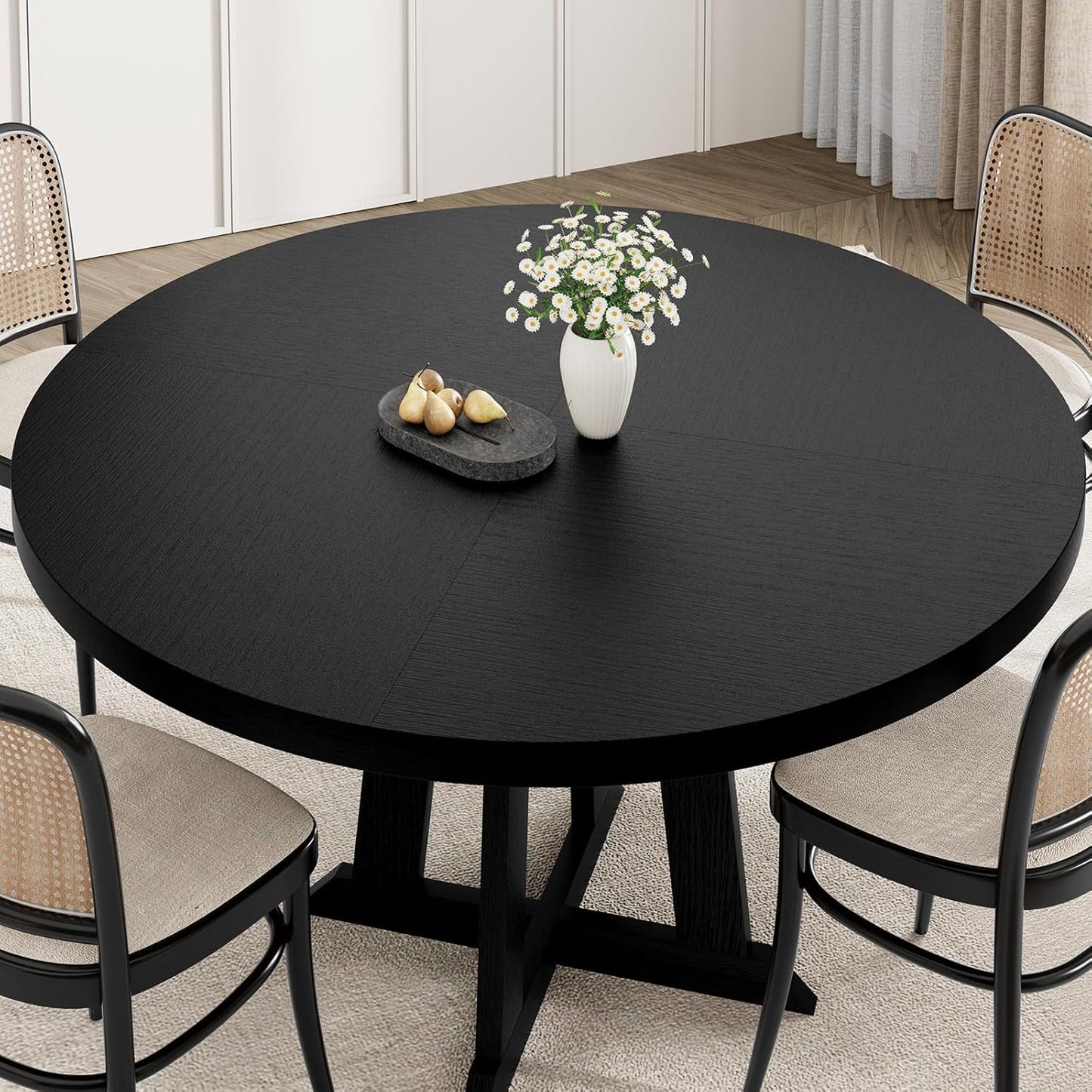 GarveeHome Round Dining Table for 4,Kitchen Dining Room Circle Dinner Pedestal Table,Space Saving Wood Kitchen & Dining Room Furniture,Black 47-inch Diameter