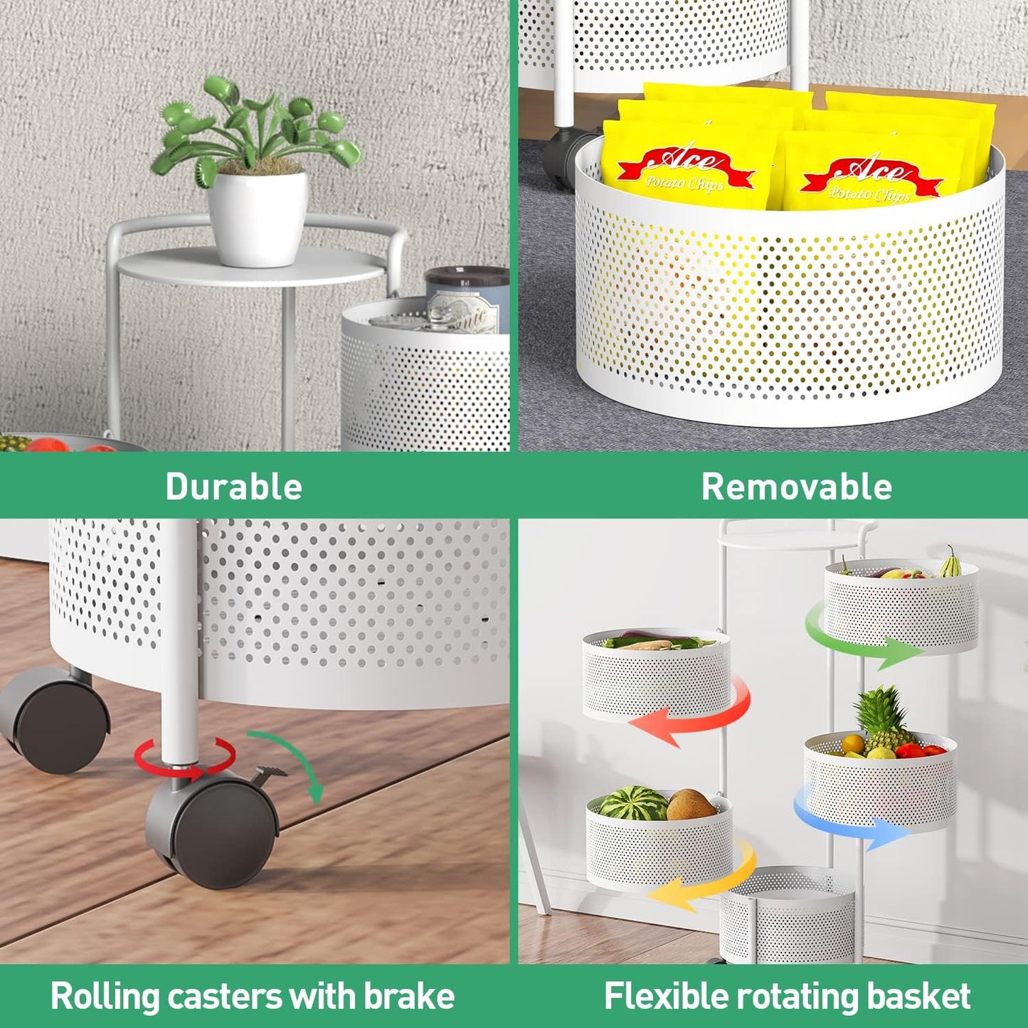 JAQ Rotating Fruit Basket, 5-Tier Metal Sturdy Kitchen Storage Rack Carts No Assembly on Rolling Wheels for Fruit Vegetable Grocery Corns Potato Onion in Bathroom(White, 5-Tier)