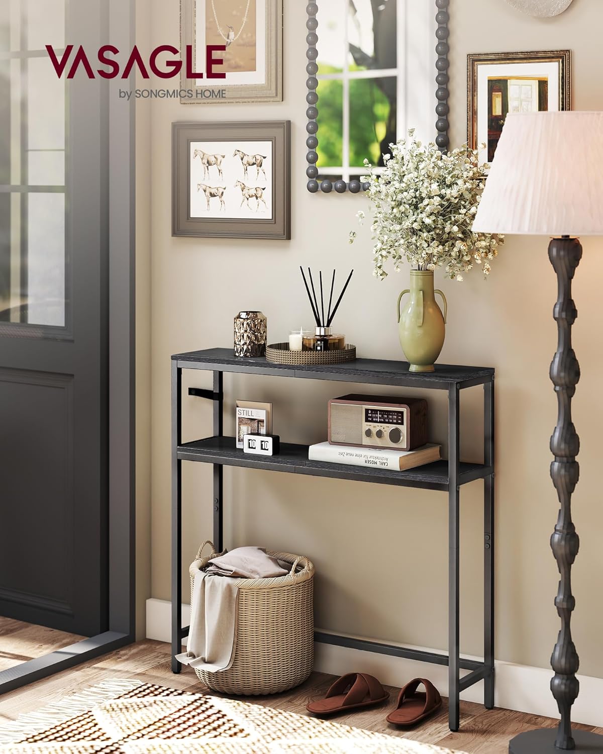 VASAGLE Console Table, 2-Tier Narrow Sofa Table with 2 Shelves, 7.9 x 31.5 x 31.5 Inches, for Living Room, Hallway, Entryway, Charcoal Gray and Ink Black ULNT130B22V1