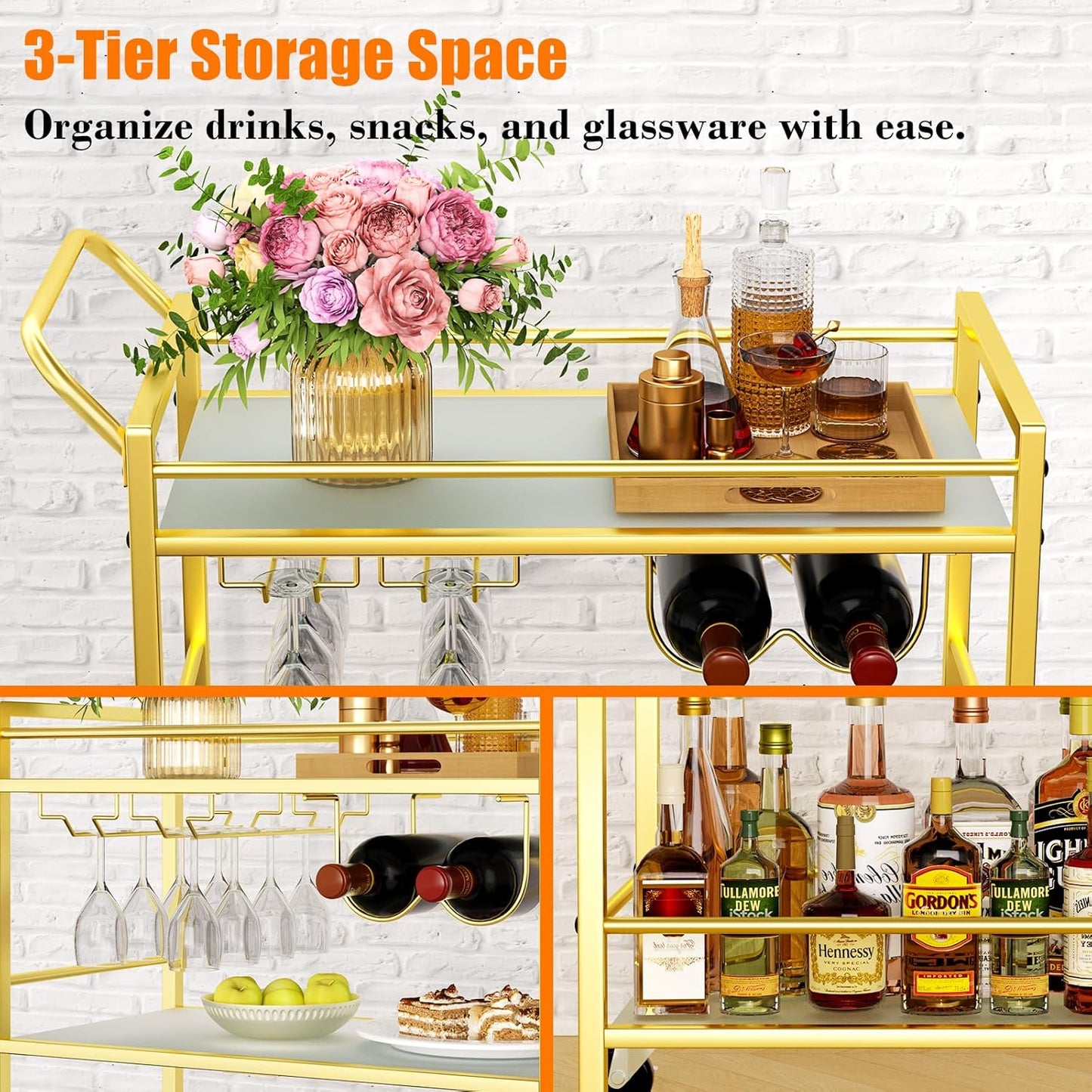 Gold Bar Cart, Serving Cart for Home, Rolling Beverage Cart with Wheels, Wine Cart, 3-Tier Drink Carts with Wine Rack, Glass Holder, Stylish Glass Shelf, for Kitchen, Living Room