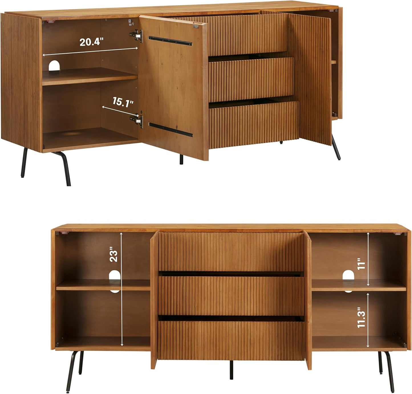 NTC Veil Sideboard with 2 Doors and 3 Drawers, Buffet Cabinet with Vertical Groove Design and Metal Legs, Storage Cabinet for Living Room, and Entryway, Effortless Assembly, Teak Look