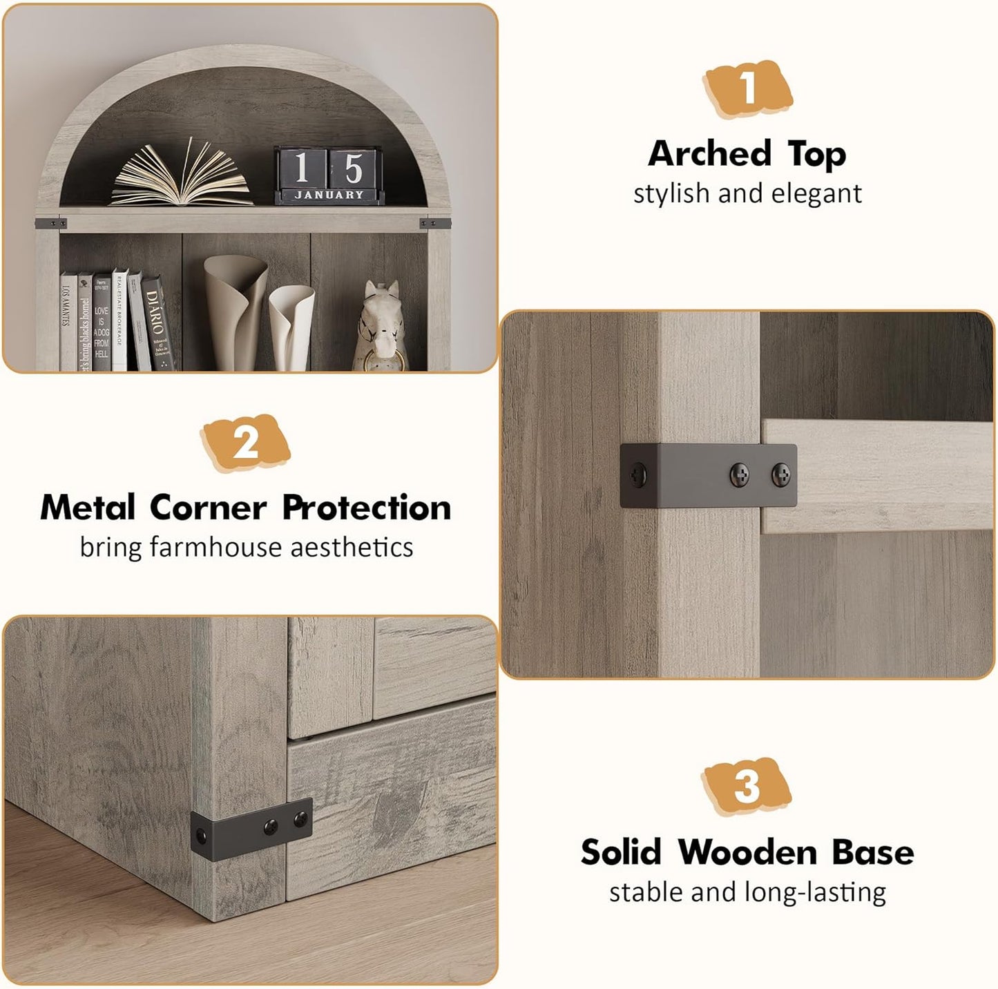 Garveehome Bookcase with Doors Arched Bookshelf 71.65in Tall Bookcase Farmhouse Cabinet with Shelves Wooden Bookshelves for Home Office, Living Room